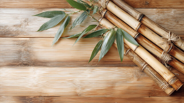 Bamboo Stalks and Leaves on Rustic Wooden Background
