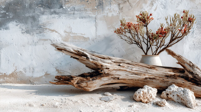 Coastal Still Life with Driftwood, Red Flowers, and Textured Wall
