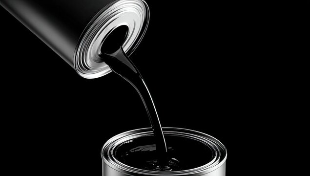 Black liquid gracefully flows from a can into another, against a dark, contrasty backdrop