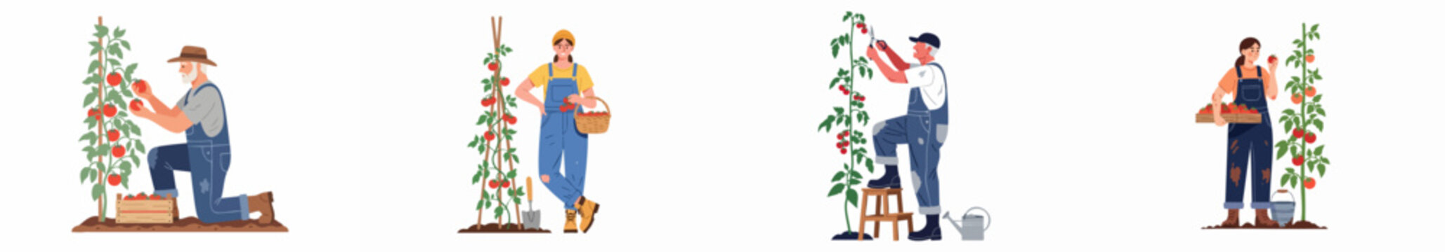 Set of vector illustrations depicting people of different ages harvesting ripe red tomatoes from vines into baskets and crates in a vegetable garden.