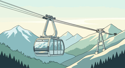 Modern cable car moving through snowy mountains on a clear day. © S.Stock