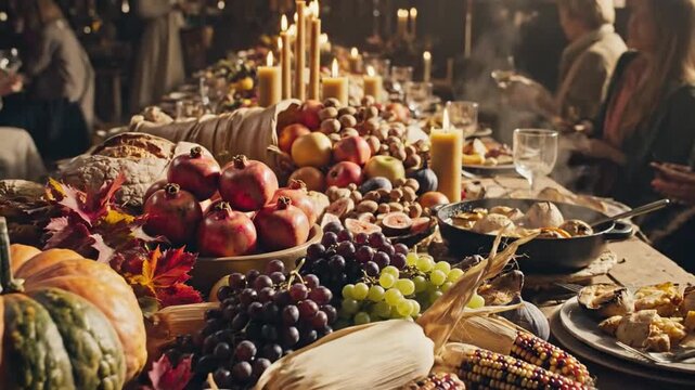 Autumn harvest feast on wooden table with pumpkins, grapes, and candles
