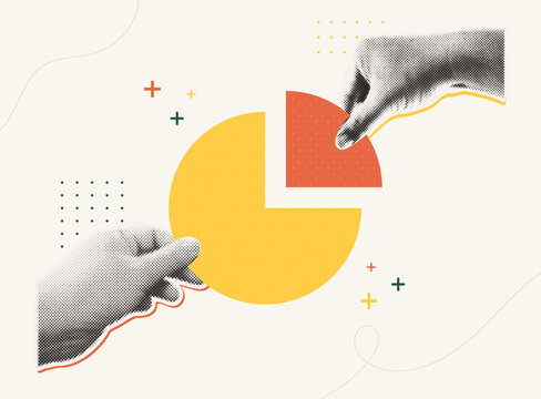 Trendy Halftone Collage style illustration of two hands holding pie chart pieces together, representing business partnership, market share, collaboration and investment concept.