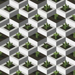 Obraz premium Abstract geometric pattern with green plants in white and black cubes.