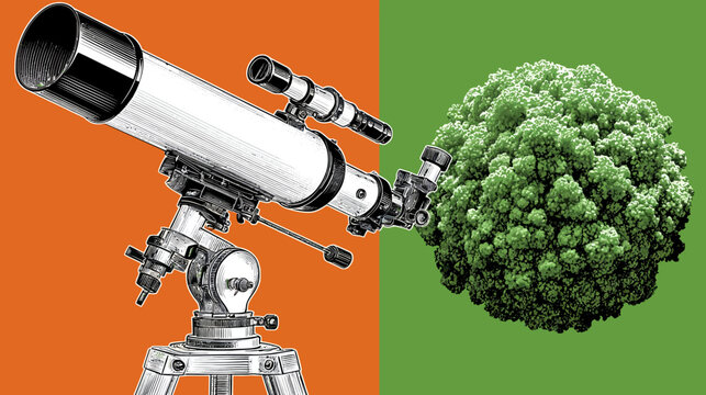 A split-screen illustration featuring a detailed telescope and a stylized green, textured orb