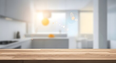 Fototapeta premium Stylish Wooden Table Surface in Bright Modern Kitchen Setting, Ideal for Product Showcase