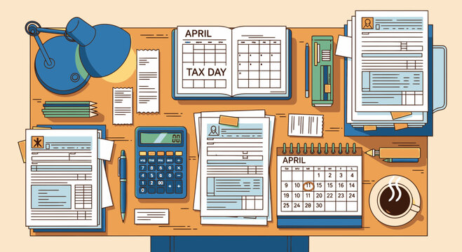 Flat design accountant desk illustration with tax day papers and calculator