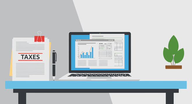 Flat design corporate tax day workspace illustration with pen, papers, and laptop