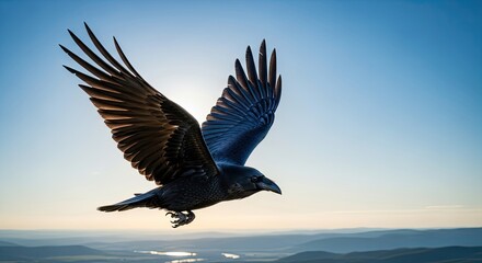 Obraz premium Bird Flying Over Mountains at Sunset.
