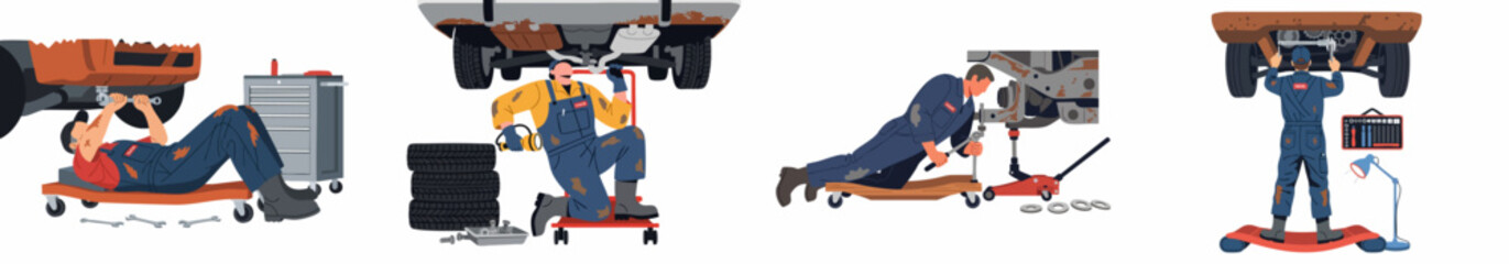 Fototapeta premium Set of vector illustrations of professional auto mechanics repairing old rusty cars in a garage using various tools and equipment.