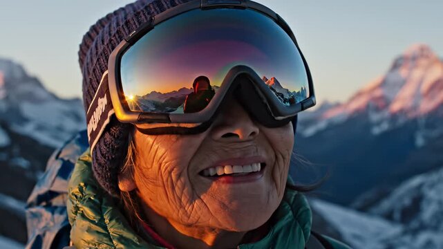Senior Woman Hiker with Sunset Reflection in Ski Goggles