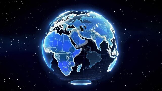Glowing Blue Digital Globe Rotating Over Starry Space Background