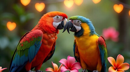 Obraz premium Two vibrant macaws in an affectionate pose with heart shaped bokeh lights and tropical flowers