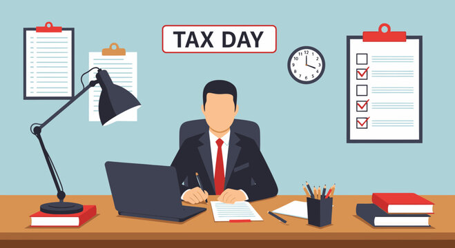 Flat illustration of tax day corporate workspace with accountant desk and checklist