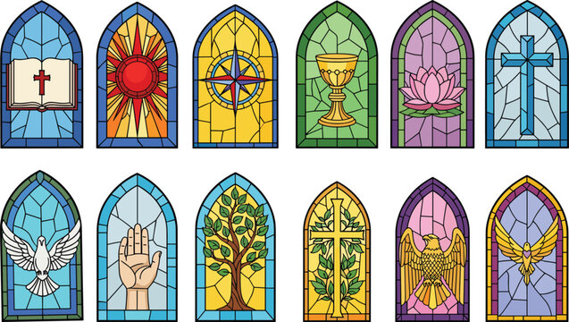Stained glass window icons set featuring religious symbols like cross, dove, bible, and chalice for church, spiritual, and cathedral graphic design.