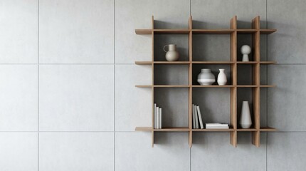 A wooden shelving unit with books and vases on display against a tiled wall in a modern interior.