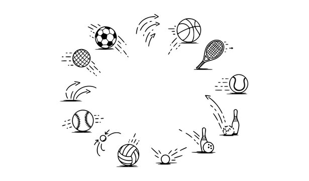 Hand drawn sports ball motion trajectory icons with bouncing path lines soccer basketball tennis baseball doodle vector set isolated on white background