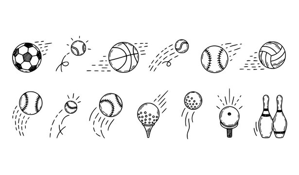 Doodle sport ball trajectory bounce set with hand drawn soccer basketball tennis baseball motion path icons isolated on white background vector illustration