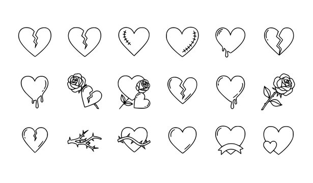 Heartbreak and rose outline icon set with hand drawn broken love hearts and floral tattoo style sketches isolated on white background vector illustration