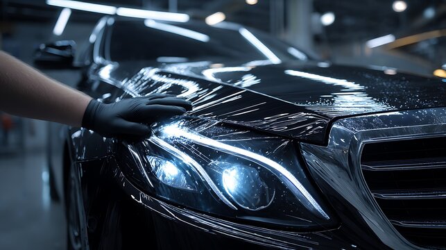 Detailer's gloved hand applies protective film or coating to a luxury vehicle hood.