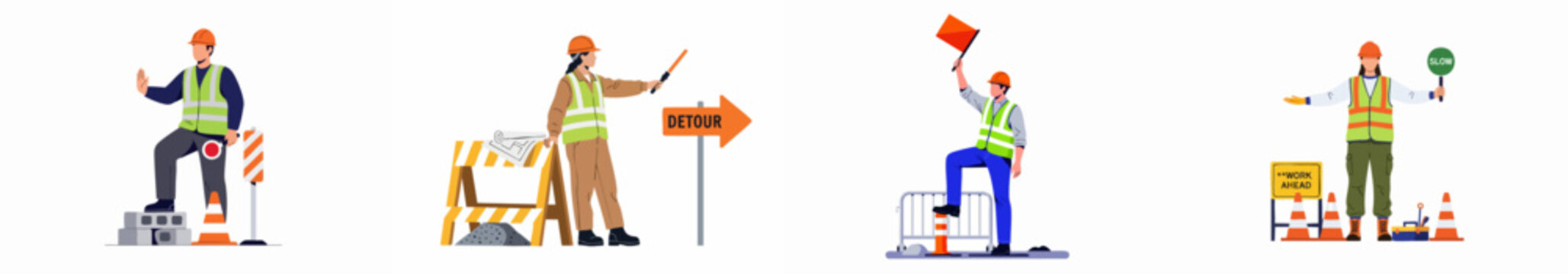 Set of flat vector illustrations of road construction workers and traffic controllers managing safety with signs, flags, and barriers for infrastructure repairs.
