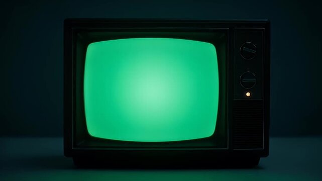 Vintage television set with a vibrant green screen emanating bright light