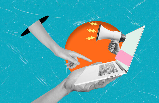 Art collage showing hands, a laptop, and a megaphone with a colorful background during a creative activity