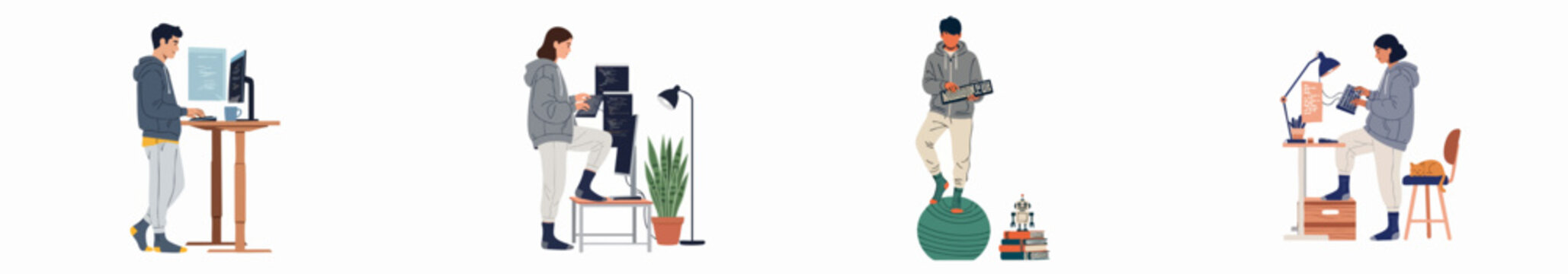Flat vector illustration of diverse programmers and developers working from home in casual attire with various ergonomic setups and creative home office environments.