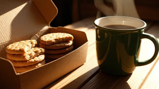 box of cookies and green mug of coffee on wooden table