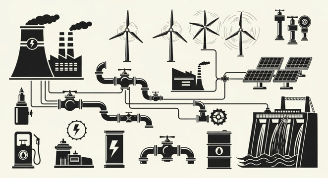 Diverse Energy Sources - Nuclear, Wind, Solar, Hydro, and Fossil Fuels.