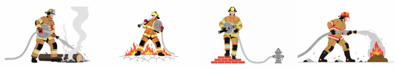 Fototapeta premium Set of vector illustrations depicting firefighters in protective gear fighting fires, using hoses, and extinguishing flames in different emergency scenarios.
