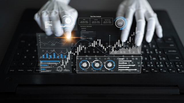 AI analyzing sales data dashboard, visualizing performance metrics, detecting trends, and generating insights to improve financial outcomes and strategic planning. Latch