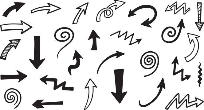 Black silhouette icons of arrows in varied styles showing direction, motion, and navigation