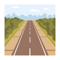 Naklejka premium Cityscape view and road leading to city. Vector in flat style, asphalted highway with marking and pavement. Perspective with town and skyscrapers in distance. Traveling and transport riding