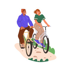 Fototapeta premium Man and woman riding bicycles, smiling and talking. Vector in flat style, isolated couple on bikes training or having fun on weekends, traveling and exploring local places. Young cyclists on road