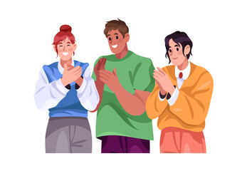 Fototapeta premium Cheerful people applauding with smiles. Vector group celebration, recognition and encouragement. Isolated male and female characters clapping hands. Community support and emotional positivity