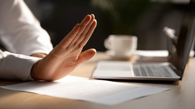 Businessman Making a Stop Gesture with Hand Over Legal Document on Office Desk, Concept of Rejection, Refusal, Saying No to Contract, Declining Offer, and Setting Professional Boundaries in Business