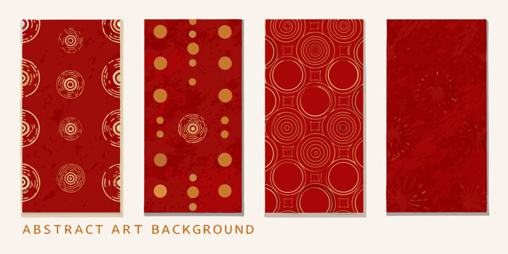 A series of five rectangular abstract art backgrounds in red and gold