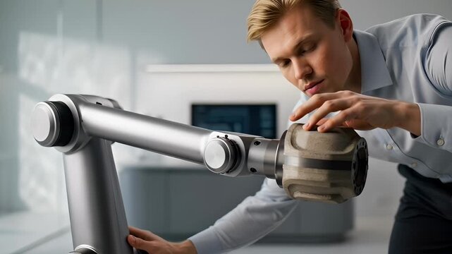 Engineer Inspecting Robotic Arm End Effector in Modern Laboratory Setting