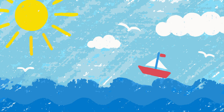 A child s crayon drawing of a sunny seascape with clouds and a sailboat