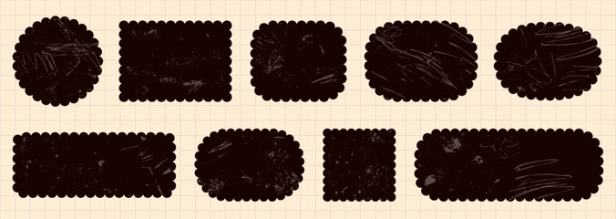 Black vector shapes with scalloped zigzag edges and grunge texture, Callout round, square and rectangular graphic design elements, text boxes for labels, gift and sale tags © dollitude