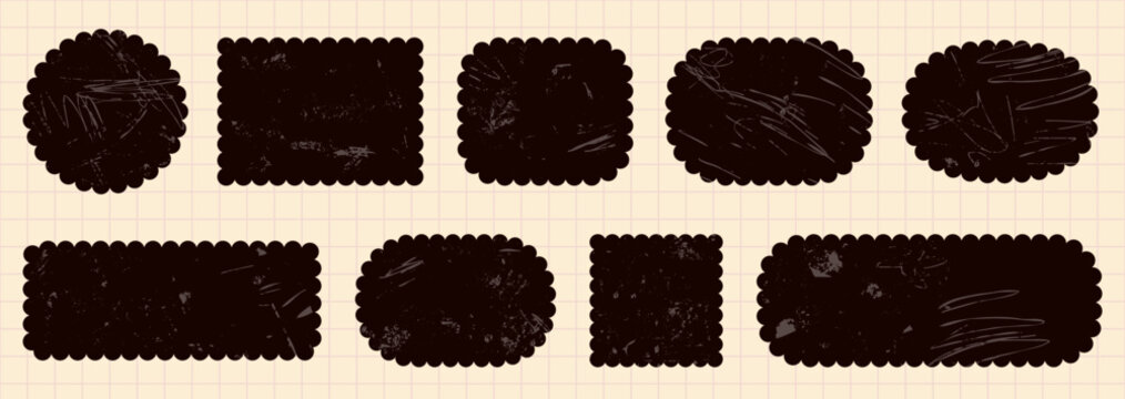 Black vector shapes with scalloped zigzag edges and grunge texture, Callout round, square and rectangular graphic design elements, text boxes for labels, gift and sale tags