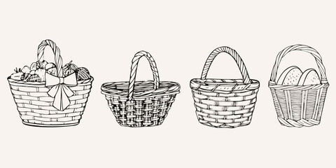 Four vintage style woven baskets with different contents a hand drawn illustration