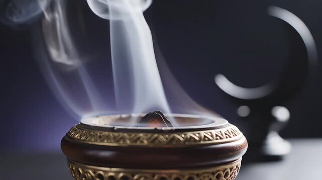 Macro slow-motion shot of a Mabkhara incense burner releasing thick white oud smoke. Minimalist zen background featuring a crescent moon silhouette. Perfect for Ramadan, meditation, or aesthetic use.