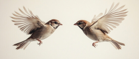 Two sparrows soaring skywards with outstretched wings will convey the dynamism of nature, perfectly complementing the atmospheric backdrop for articles on freedom or environmental initiatives.