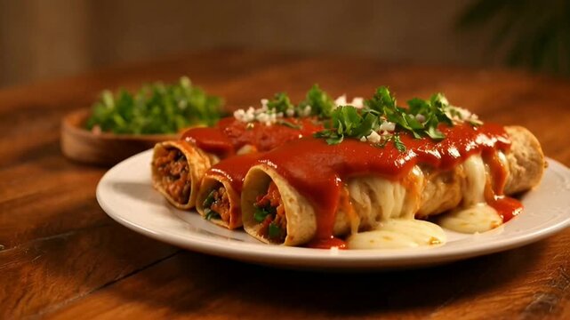 Delicious enchiladas on white plate.