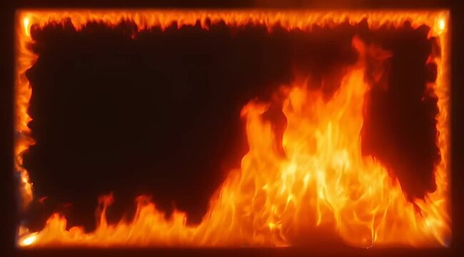 Dramatic frame of fiery flames on black background creating an intense effect