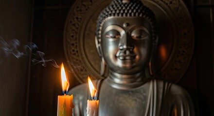Obraz premium Buddha statue with burning candles closeup.