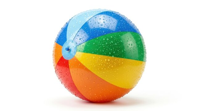 A colorful beach ball with water droplets rests on a clean white background, evoking a fun and refreshing summer mood.