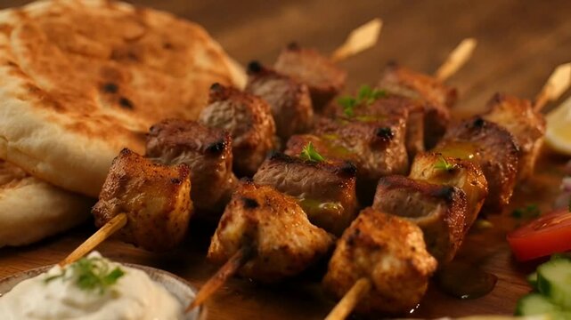 Delicious Greek style meat skewers served.